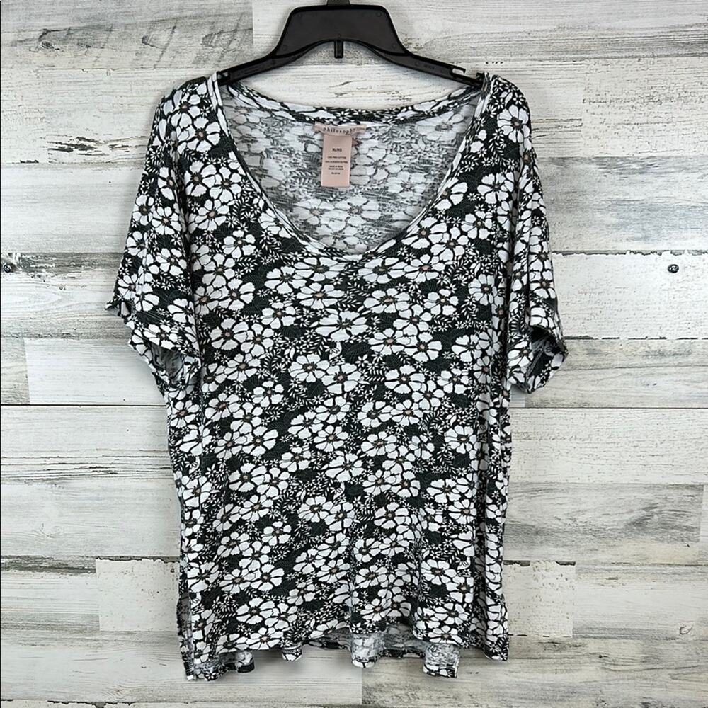 Philosophy Boat Neck Top Sz XL Pima Cotton Floral Short Sleeves HiLo Oversized